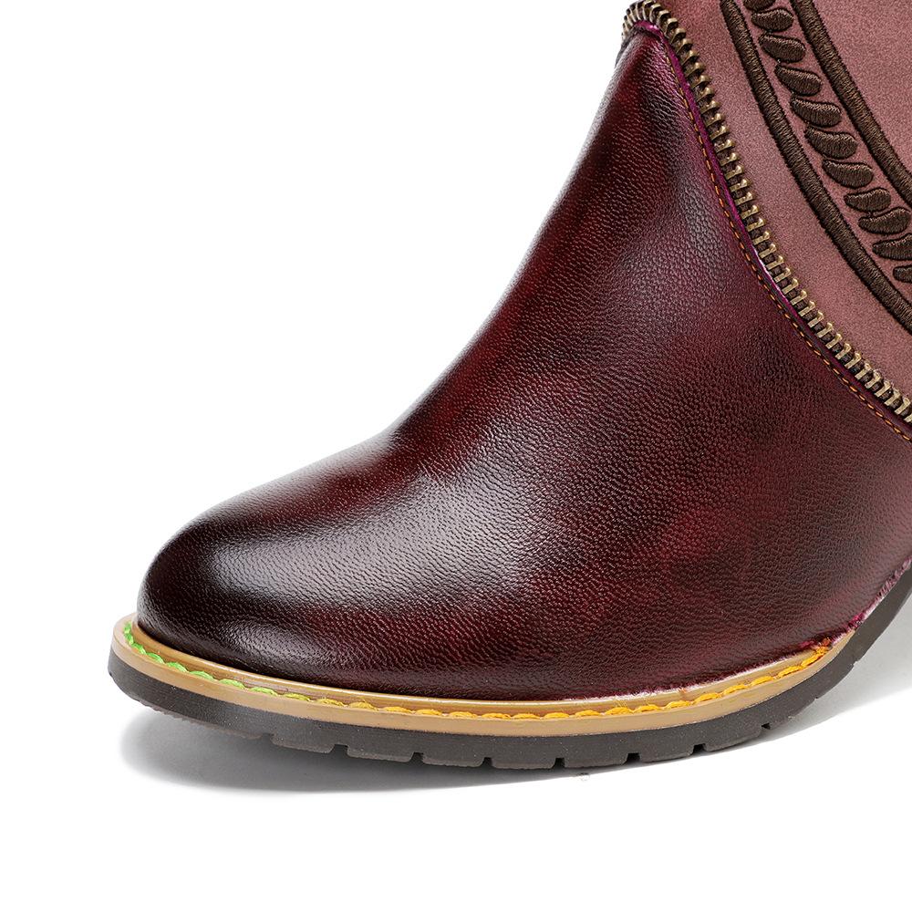 Johnature Модные туфли на высоком каблуке, женские короткие сапоги из натуральной кожи с изысканной вышивкой и молнией по краям