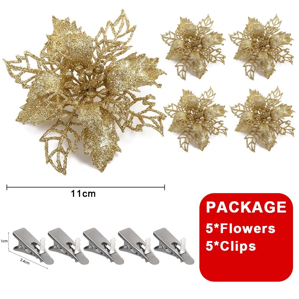 5/1Pcs Christmas Glitter Artificial Flowers DIY Christmas Tree Hanging Ornaments Fake Flower For Xmas New Year Party Decor Gifts