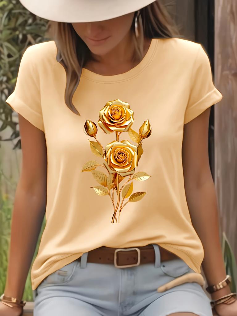 Golden Rose Graphic Print Fashion Harajuku T-Shirt Short Sleeve Crew Neck Casual Top for Summer Spring Women'S Clothing