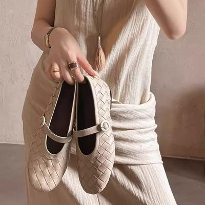 Овчина~ Французский ретро тканый узор с туфлями Мэри Джейн женские кожаные туфли с мелким вырезом на плоской подошве универсальные балетки