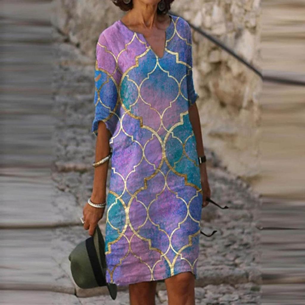 Женское свободное платье в народном стиле с v-образным вырезом и принтом больших размеров, повседневная талия, темперамент