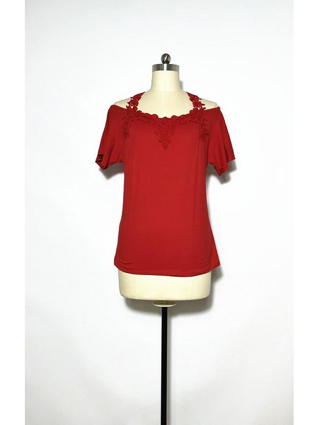 Европейская женская повседневная свободная футболка с V-образным вырезом и кружевом, короткие рукава.