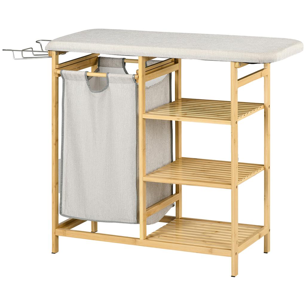 Laundry collector, multifunctional, ironing board & fabric bag 57L, bamboo frame, 113x34x82cm, natural/grey