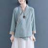 Рубашка большого размера с диагональными лацканами на пуговицах для женщин, весна-осень, китайский стиль, ханьфу, хлопок и лен, чайный сервиз в стиле ретро-дзэн
