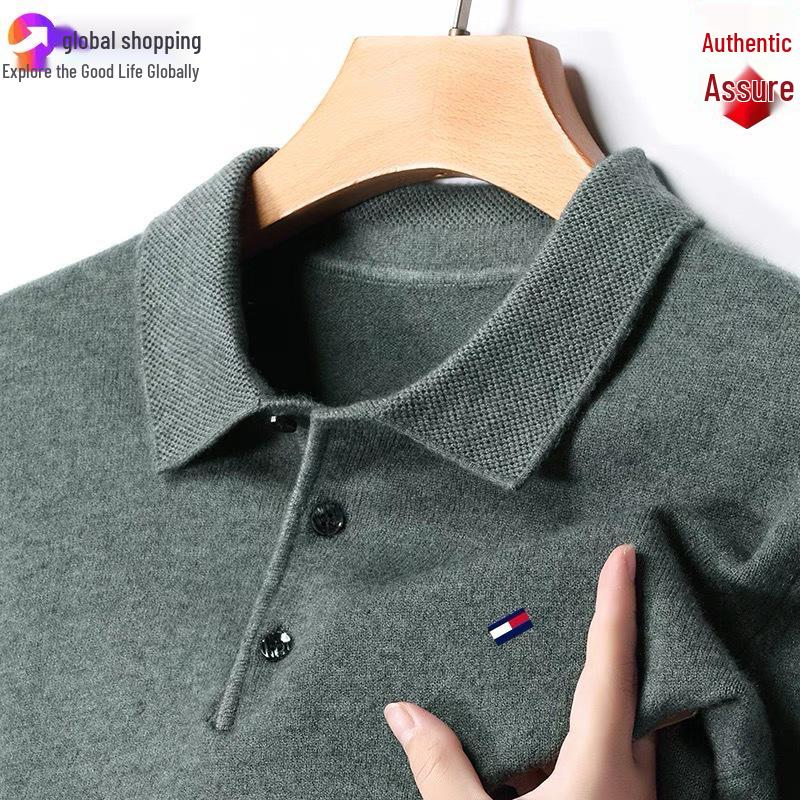 Оригинальный мужской джемпер Tommy из кашемира с длинным рукавом - Однотонный, с вышивкой, с воротником, большого размера, универсальный вязаный базовый слой.