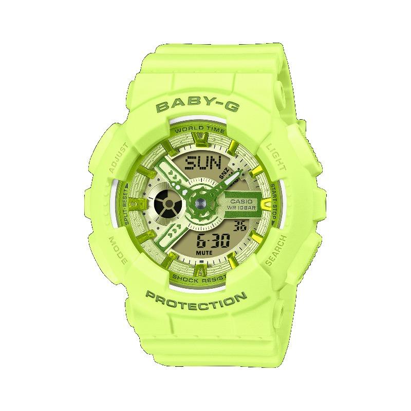 Casio Женские часы Baby-G, смола, 100 м водостойкость, аналоговые, ударопрочные, кварцевые, BA-110YK-3A