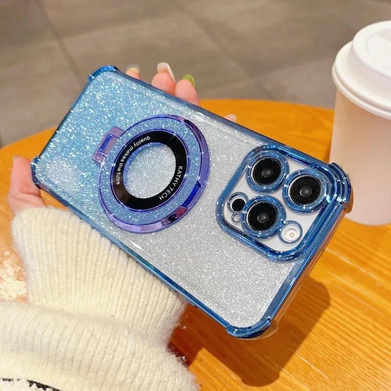 Luxury Glitter Holder Bracket Case For iPhone 17 Air 16 15 14 13 12 11 Pro Max 16 Plus Stand Shockproof Clear Soft Back Cover