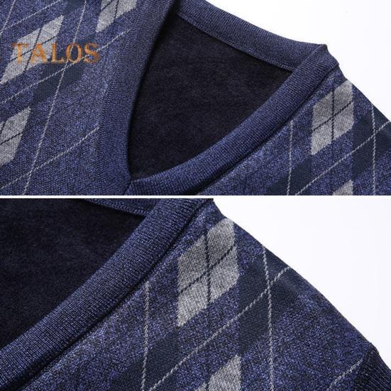 Мужской вязаный жилет с V-образным вырезом, без рукавов, утолщенная плюшевая подкладка, жилет с ромбическими узорами, зимний жилет, свитер