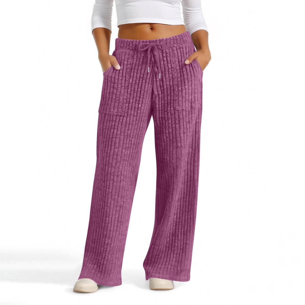 Womens Casual Wide Leg Elastic Waist Ribbed Knit Loose Bottoms With Pockets Soft Pants
