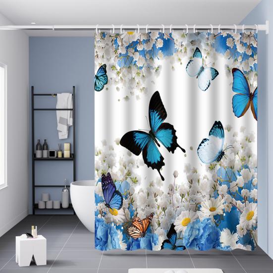 Floral Shower Curtain Spring Farmhouse Bathroom Curtain Waterproof Flowers Butterflies Leaves Bath Curtain with Hooks for Home Shower Bathtub