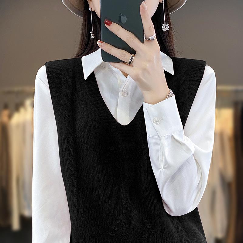 Женский вязаный свитер-жилет с V-образным вырезом, модный и универсальный жилет без рукавов, жаккардовый базовый топ для осени и зимы