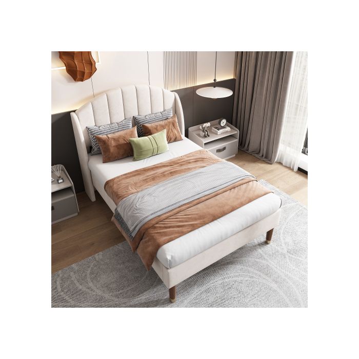 Lit rembourré - MUVOE - 90x200 cm - Velours beige - Sommier à lattes - 1 place