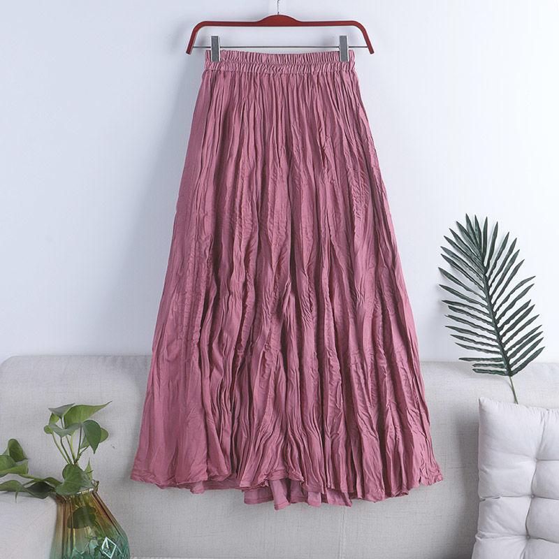 MOJTA Women's Mid-length Skirt Spring Summer Elastic High Pleated Waist Skirt A-line Skirt