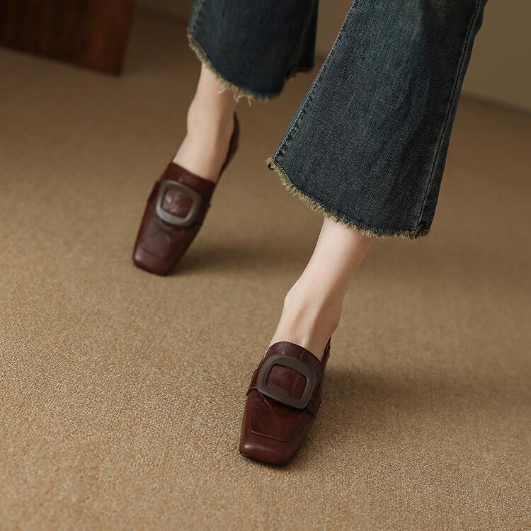 French Temperament Retro Loafer Small Leather Shoes British Style Thick Heel Low Heel One Pedal Comfortable Deep Mouth Square Buckle Single Shoes Wome