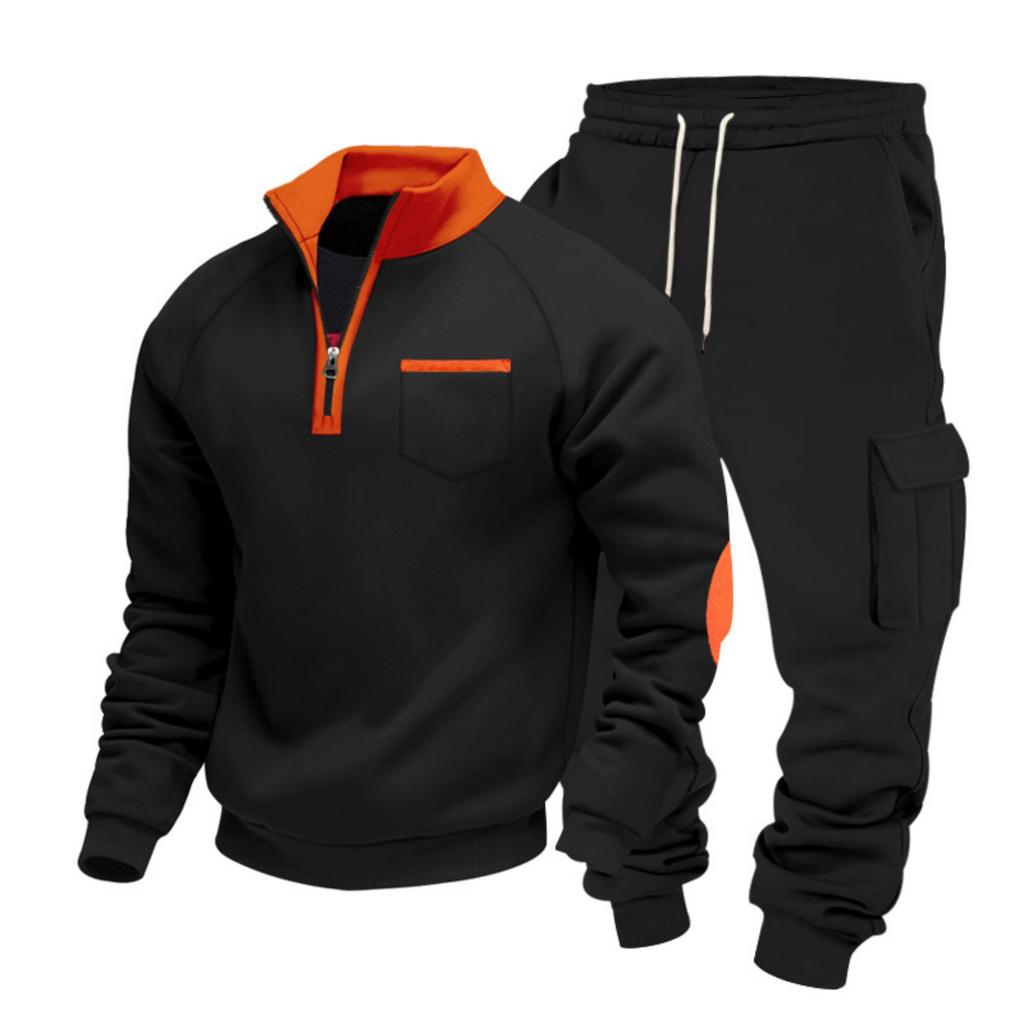 Men's Winter Fleece Multi Pocket Zipper Sweatshirt 2 Piece Set Personalized Sweatpants