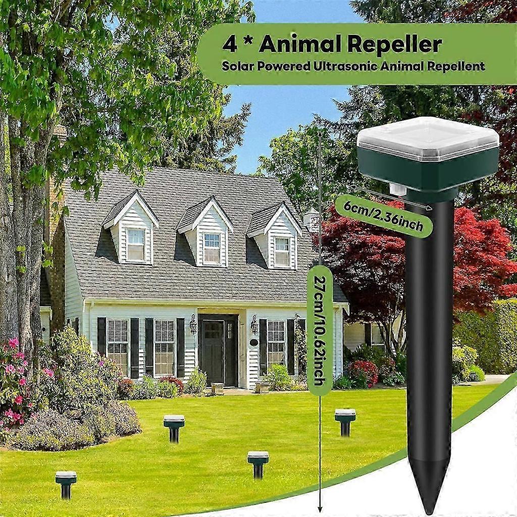 Mole Repellent, 4 Pack Ultrasonic Animal Repellent Solar Powered and Vole Chaser Humane Rodent Repellent less