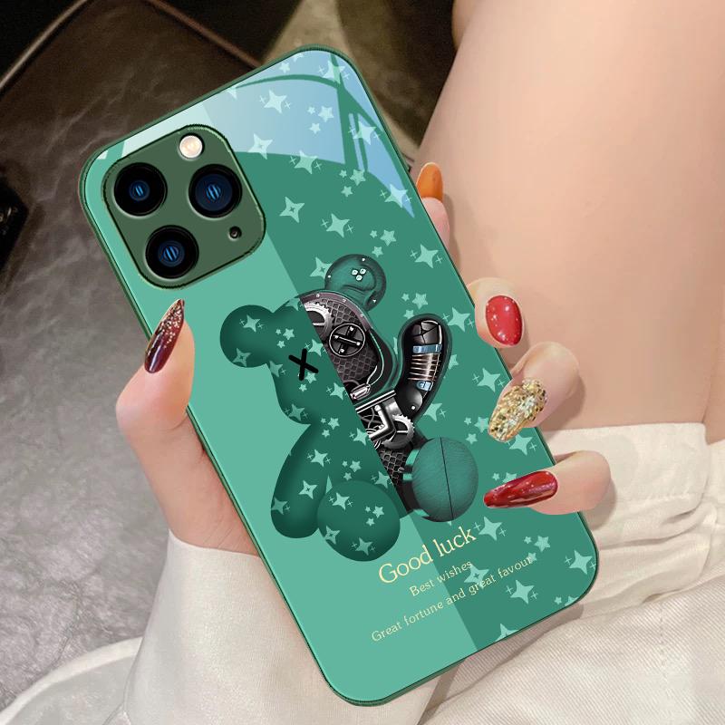 Коричневый Медведь Машинный Для IPhone 16 Pro Max 15 Pro 14 13 12 Mini 11 XS Max XR 7 8 Plus SE 2022 Закаленное Стекло Чехол Для Телефона