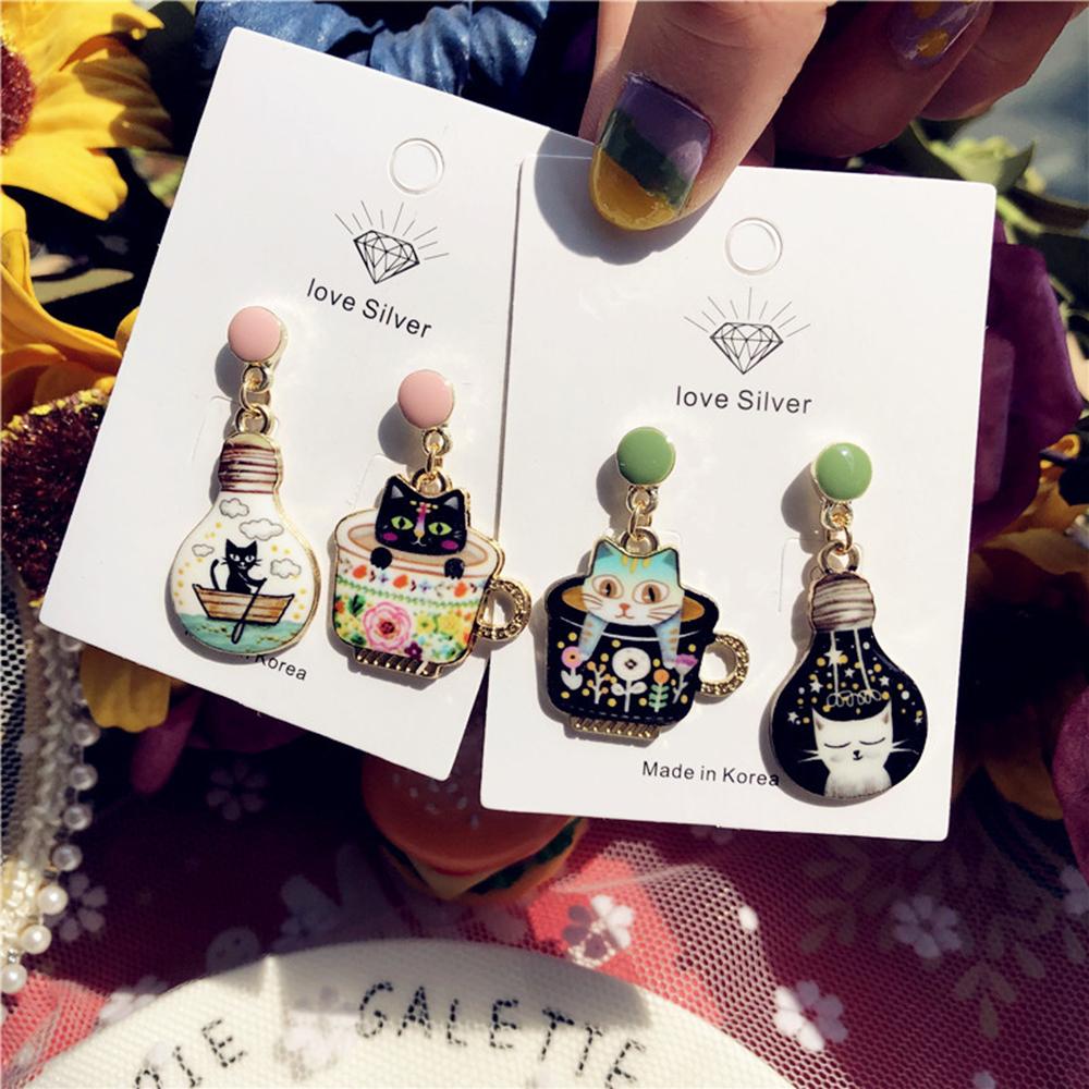 Asymmetric Sweet Women Enamel Cute Animals pendants earrings Cup Cat Stud Earrings Light Bulb Cat