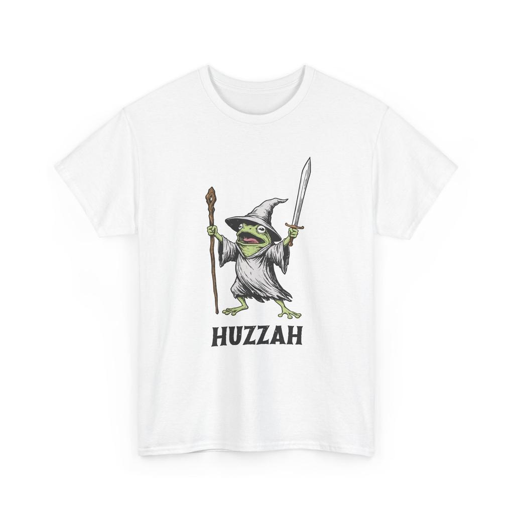 Huzzah Frog Wizard Shirt Medieval Fantasy Magic Sword Staff Humorous Graphic Tee