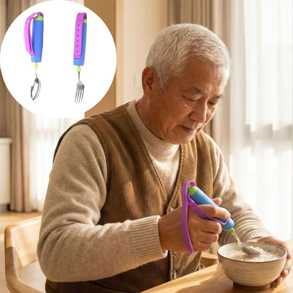 2Pcs/Set Adjustable Adaptive Spoon Fork Nonslip Food Aid Spoon Disabled Feeding