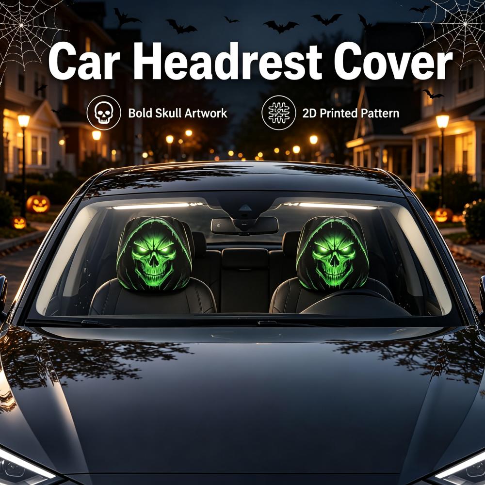Neon Green Reaper Skull Car Headrest Covers, 2D Flat Printed, High Elastic & Breathable, Universal Fit for All Vehicles