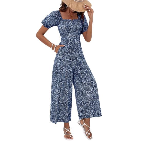 Женский комбинезон с квадратным вырезом и цветочным принтом, короткие рукава, широкие брюки, летний комбинезон