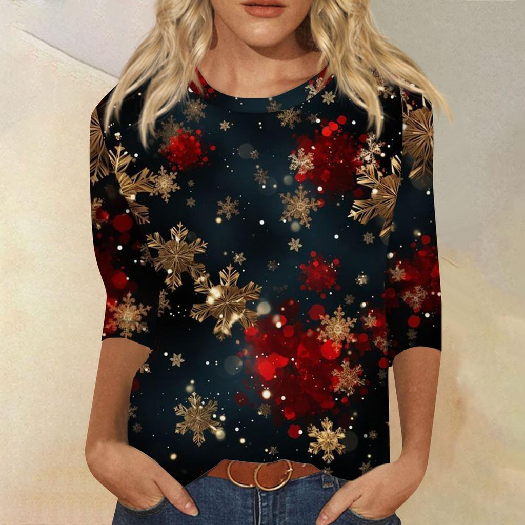 Women's Fashion Casual Seven Sleeve Christmas Printed Round Neck Top