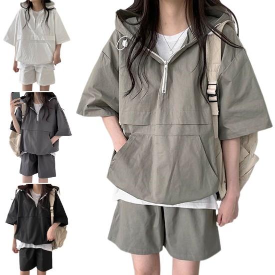 2 Pcs/Set Women Hoodie Shorts Set Half Zipper Hooded Three-quarter Sleeve Loose Big Pocket