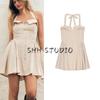 Spring and Summer Women's Clothing Slit Design Straight Cut Neckline Cotton Hanging Collar Gingham Short Dress 5107303