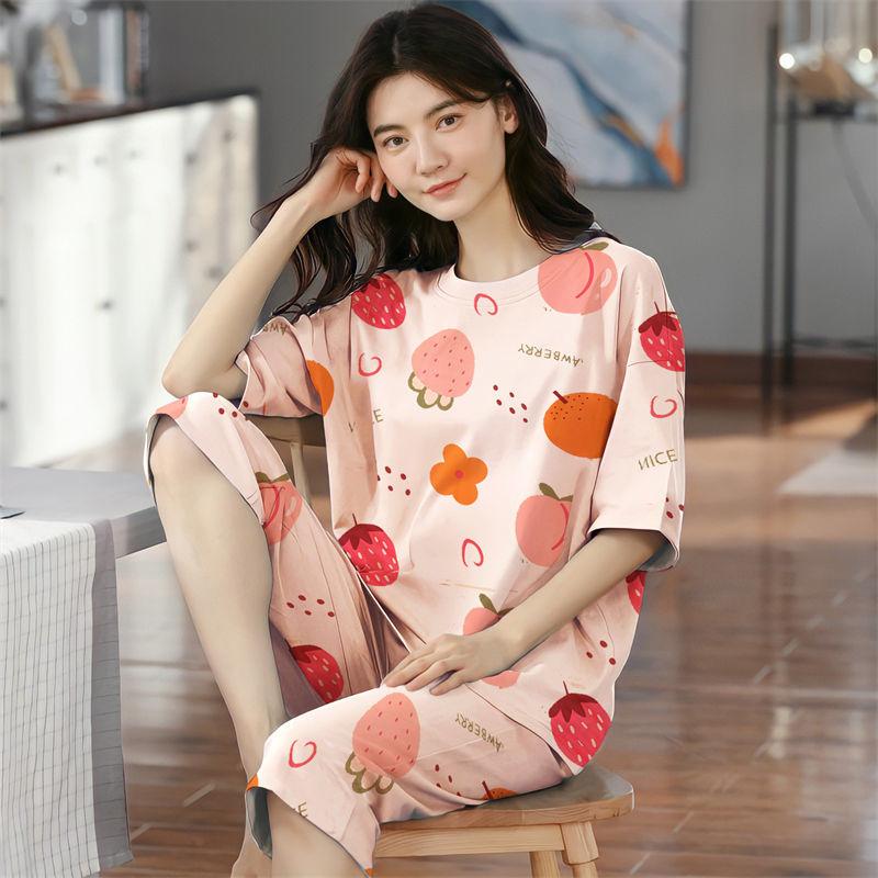 Летние капри в клетку женские пижамы для сна с короткими рукавами пижамные комплекты с рисунком пижамы из полиэстера 3XL 5XL домашняя мода