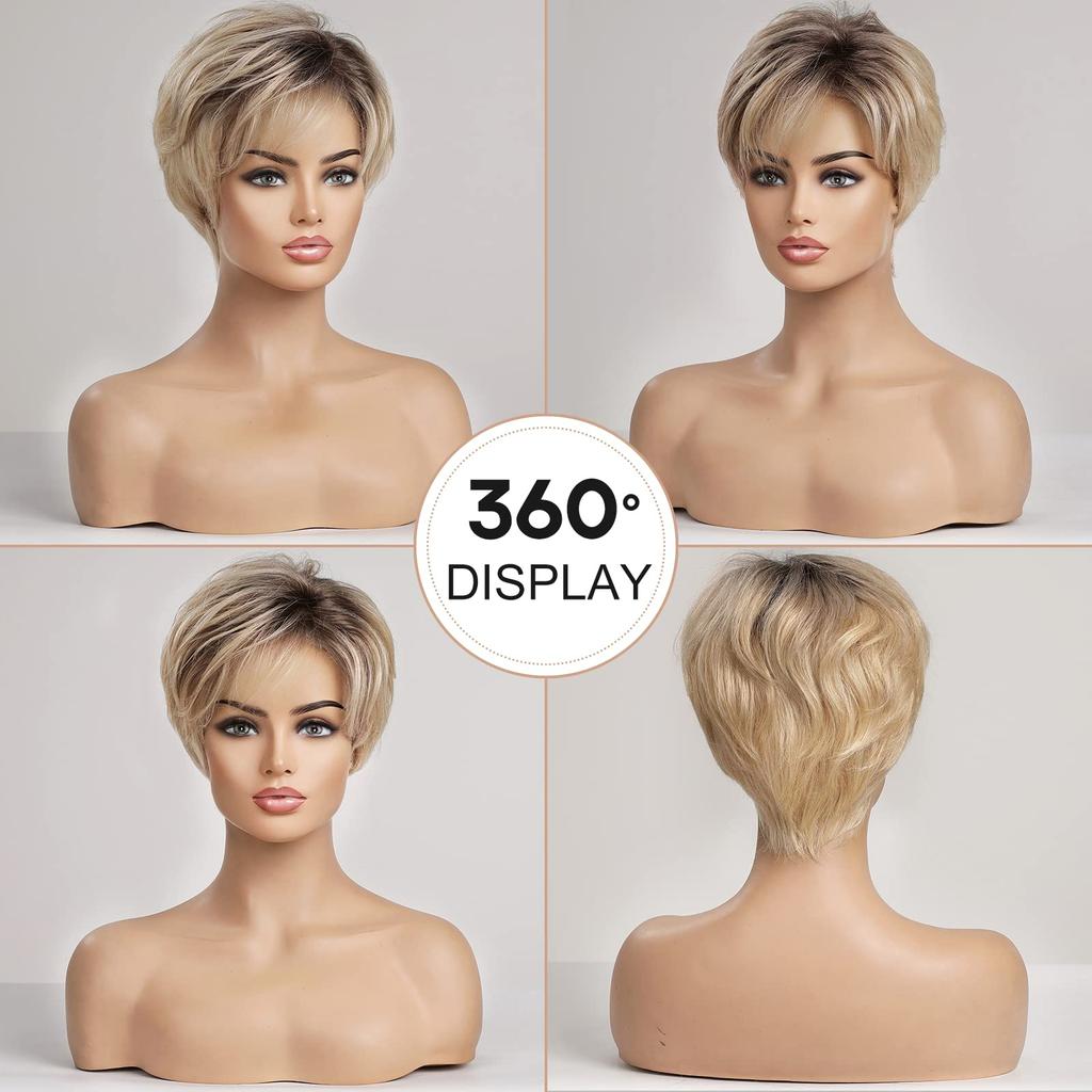 HAIRCUBE Lace Front Wigs Pixie Cut Wig Human Hair Wigs with Bangs Blonde Natural Short Wigs Layered Wavy Women