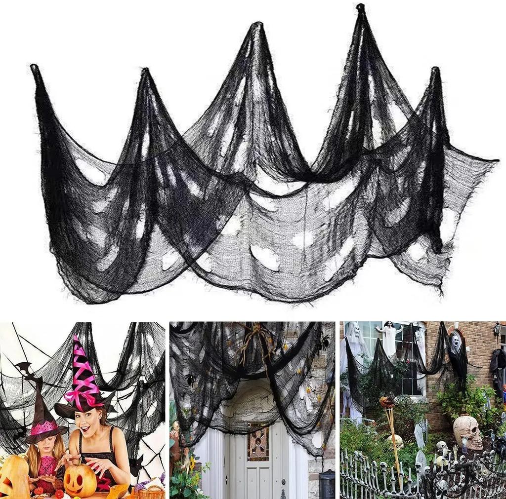 5pcs Halloween Black Gauze Horror Haunted Houses Decor Black Creepy Cloth Party Home Doorway Wall Gauze Terror Scene Props