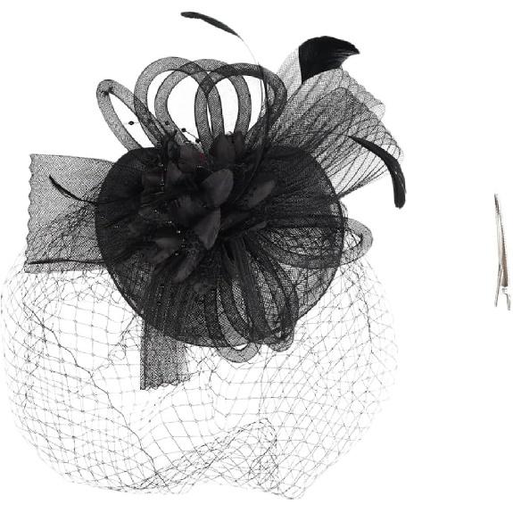 Mesh Flower Headband with Plume Accent, Black Cocktail Tea Party Hat for Women and Special Occasion Accessory
