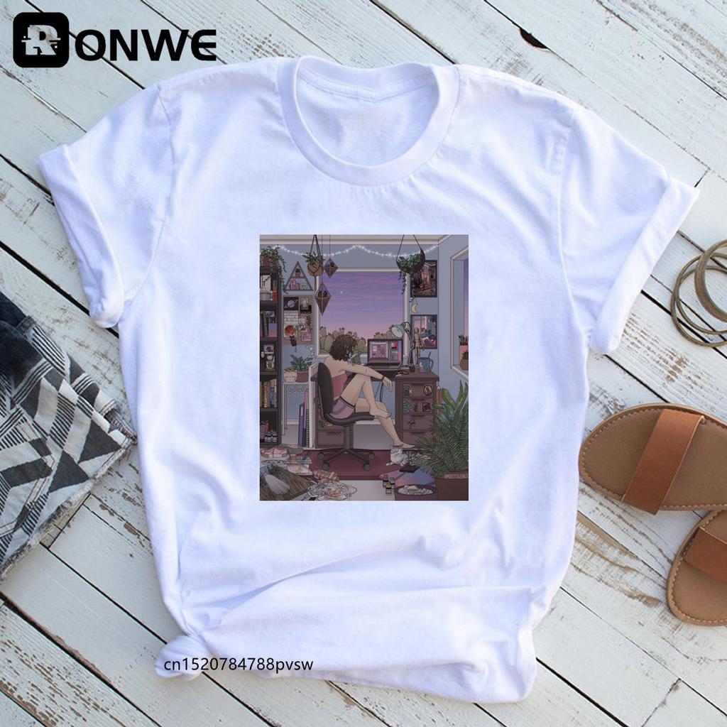 Women Aesthetic Room Drawing Black Graphic T Shirt Girl Harajuku 90S Clothes Female Top Tee Drop