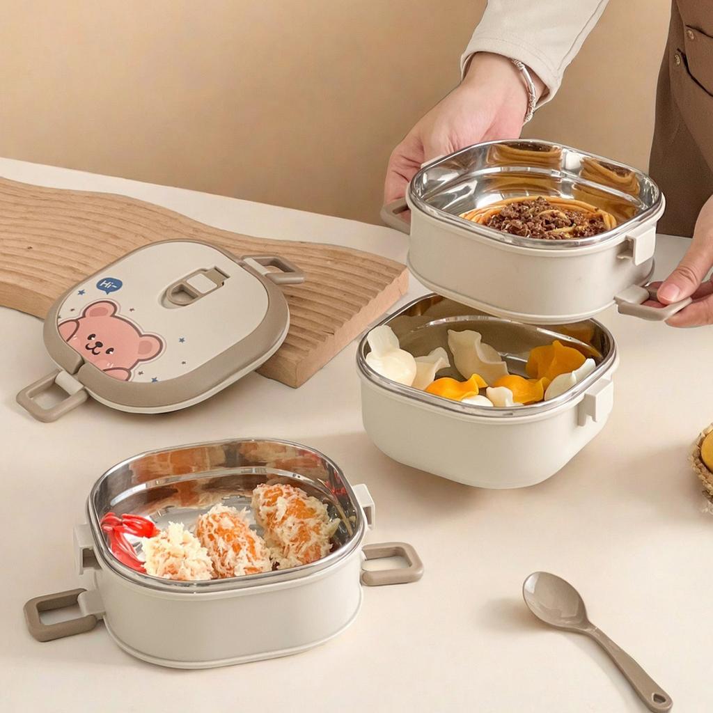 Многослойный ланч-бокс из нержавеющей стали 304 с ложкой, милый портативный, большой вместимости, герметичный бенто-бокс для взрослых студентов