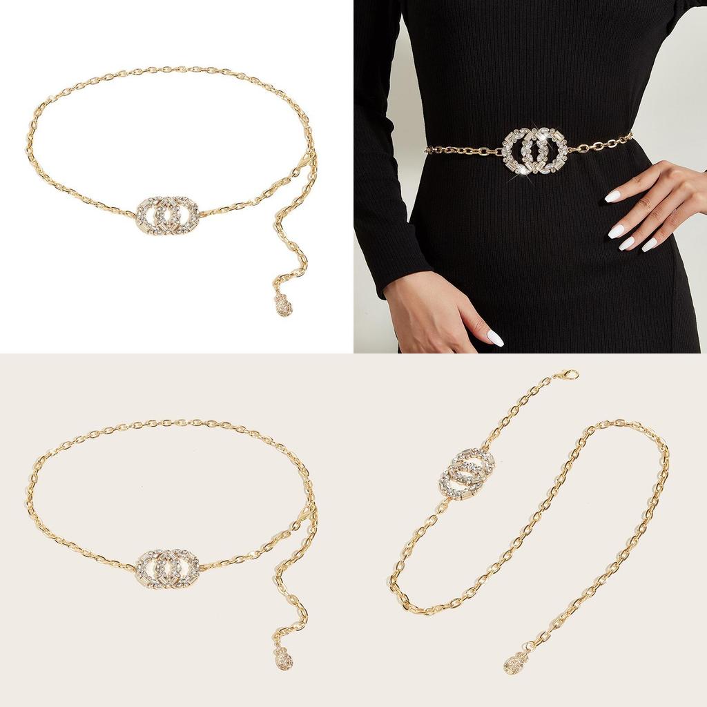 Женский металлический пояс-цепочка с пряжкой с двойным кольцом и стразами для модного наряда