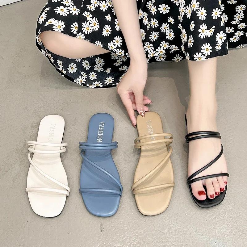 Fashion 2024 Summer Two Wear Sandals Women's Fashion Korean Edition One Line with Sandals Casual Flat Outsider Slippers Plus Size 40