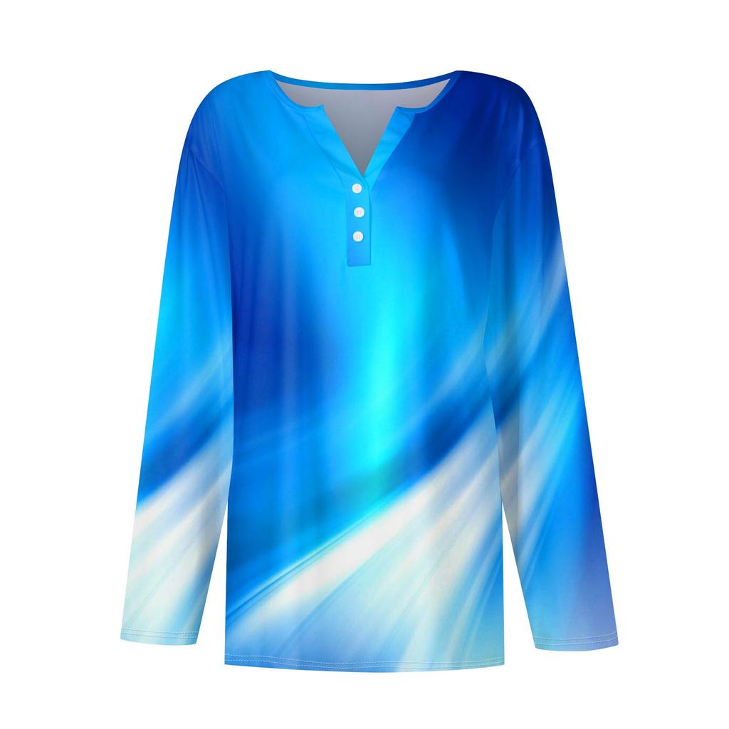 Женская модная повседневная футболка с v-образным вырезом и длинным рукавом с принтом, топ на пуговицах