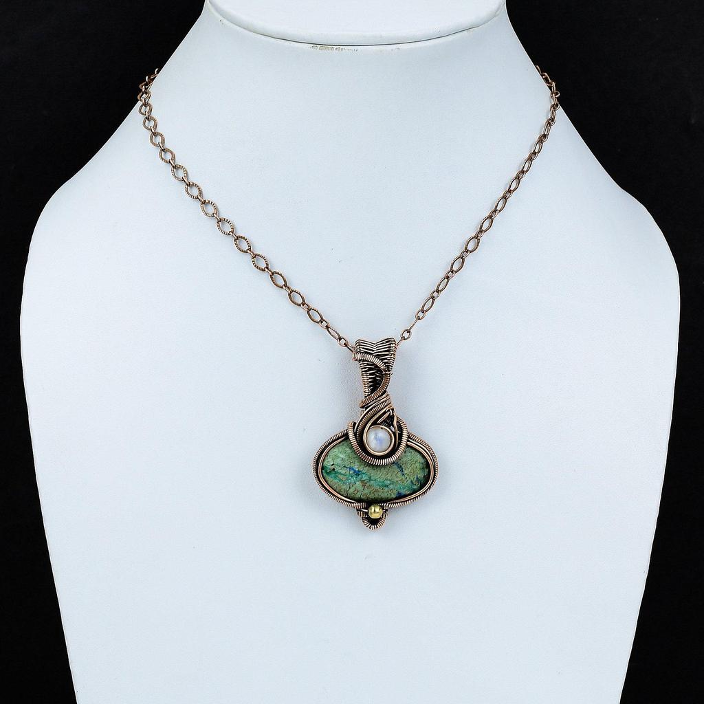 Кулон с азуритом и малахитом, подвеска из радужного лунного камня, медная проволока, кулон, ювелирные изделия из настоящего драгоценного камня, подарок для женщин, медные украшения ручной работы