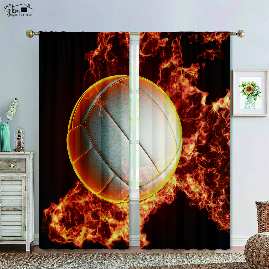 Basketball Football in Water and Fire Black Printed Curtain Rod Pocket Design Machine Washable Bedchamber Living Area Decorative Curtains