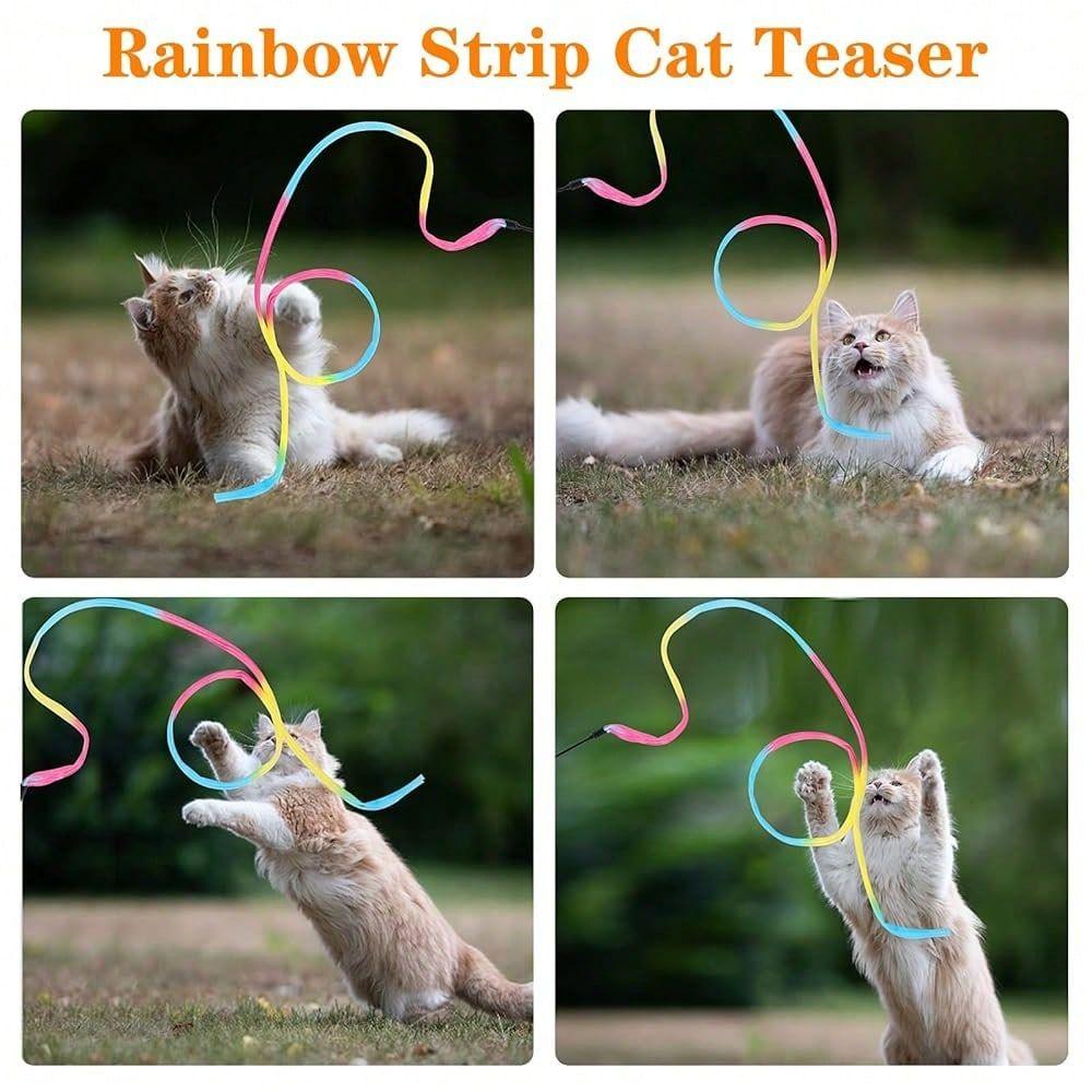 Wand Rainbow Toy, 3pcs Rainbow Ribbon Cat Wand For Kittens Training Rainbow Ribbon Cat Interactive Catcher Wand Stick Toy For K