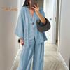 Women's Cotton Linen Two Piece Outfit Long Sleeve V Neck Button Top Wide Leg Pants Casual Loungewear Set