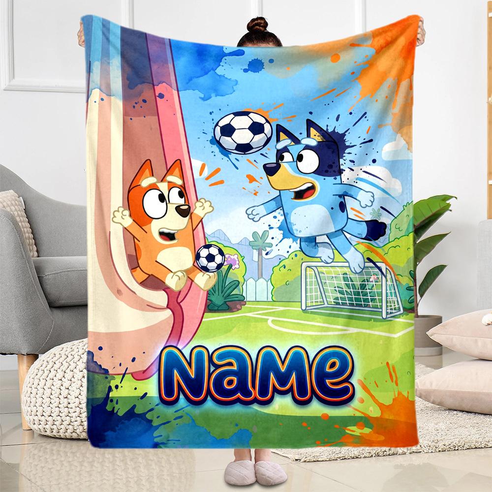 Bluey's Soccer Fun Personalized Text Blanket Cozy Personalized Blanket Durable Comfort Perfect for Couch Living Room Livingroom Bed