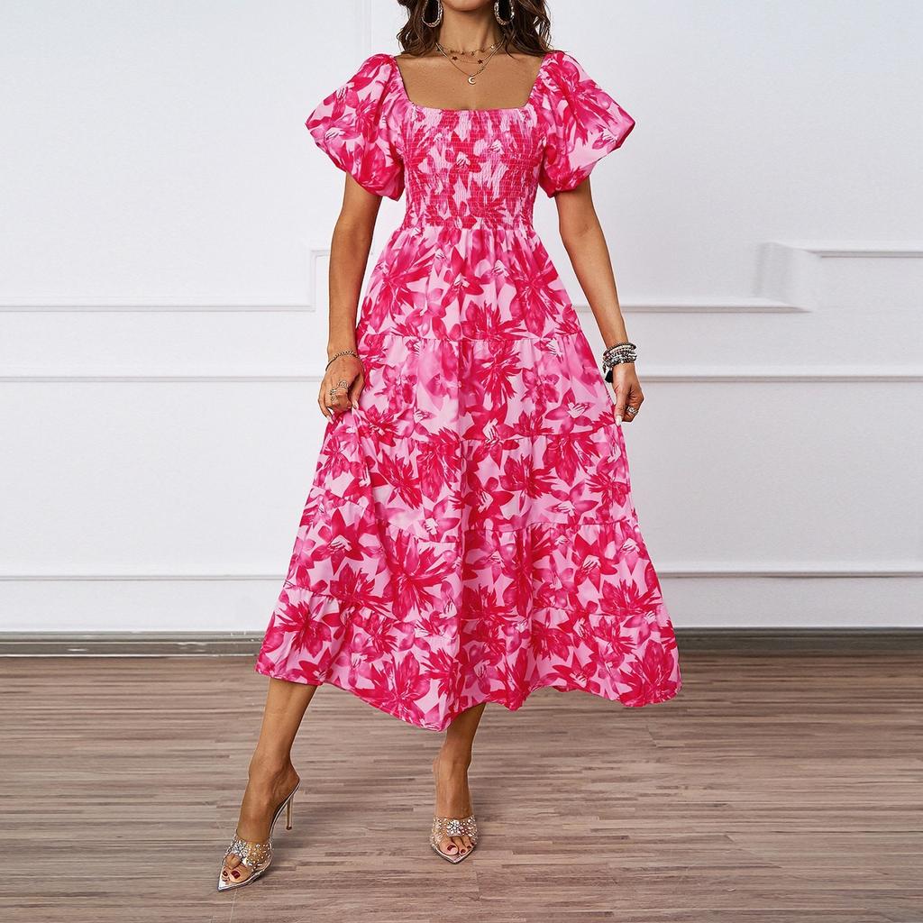 Женское модное платье с квадратным вырезом и цветочным принтом, короткими рукавами и эффектом темперамента
