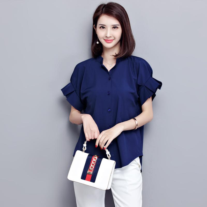 SURWENYUE синяя женская блузка с коротким рукавом больших размеров, офисная женская рубашка, модные летние женские топы, рубашка