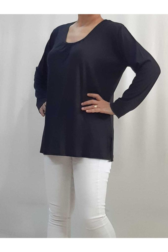 Женская стильная футболка большого размера, черная футболка из чесаного хлопка с длинными рукавами и присборенной передней частью