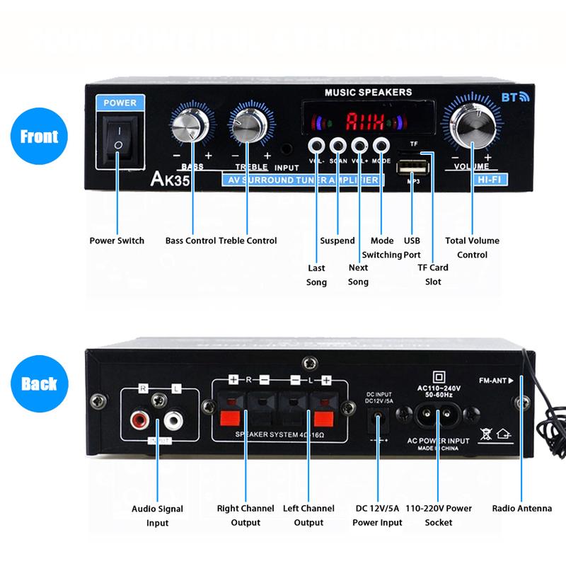 AK35 Bluetooth HiFi Stereo Audio Amplifier with USB TF RCA AUX + Remote Control