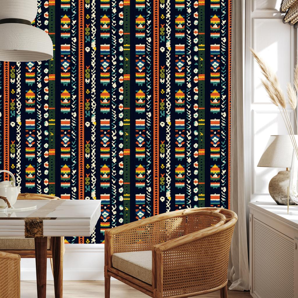 Colorful knit wallpaper navy blue, orange and black 50x1000