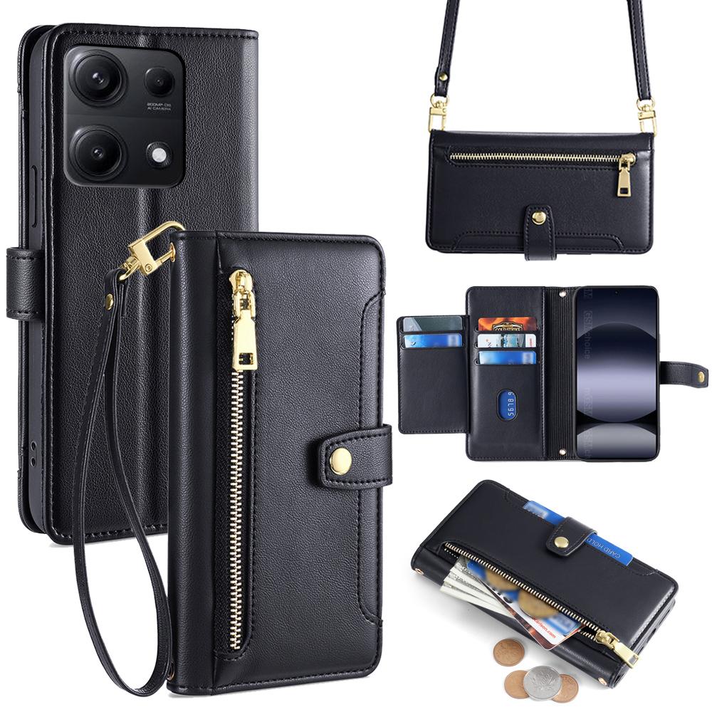 For Xiaomi Redmi Note 14S 4G Leather Case Zipper Pocket Wallet Phone Cover with 2 Straps