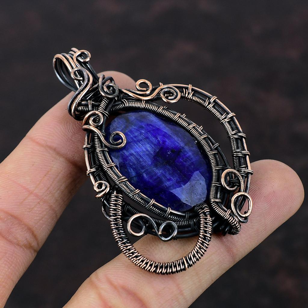 Подвеска с граненым синим сапфиром, медная проволока, обернутая драгоценным камнем, ручная работа, медная подвеска, женская подвеска, проволочная обертка, ювелирное изделие, подарок для мамы